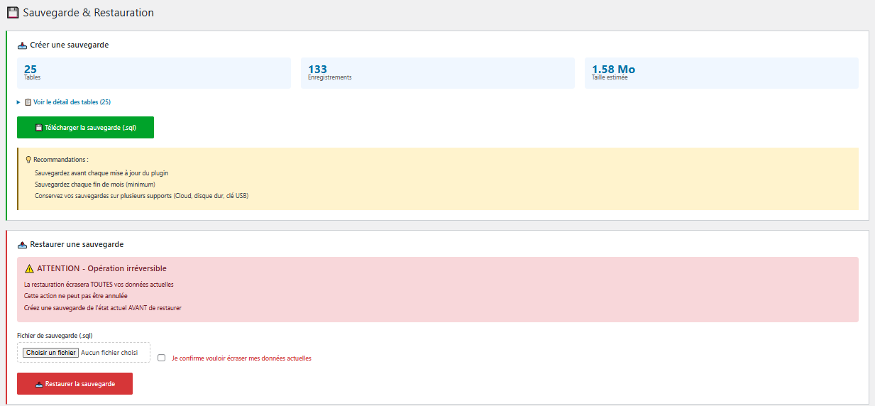 Interface de sauvegarde
