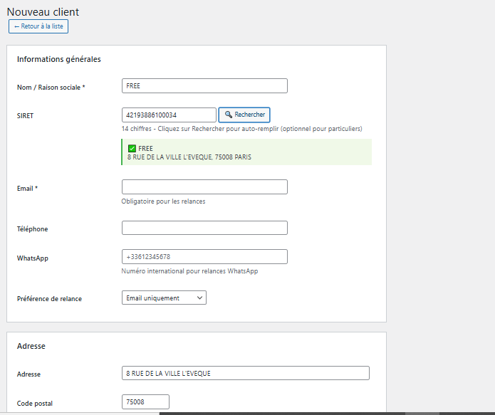 API SIRET auto-remplissage